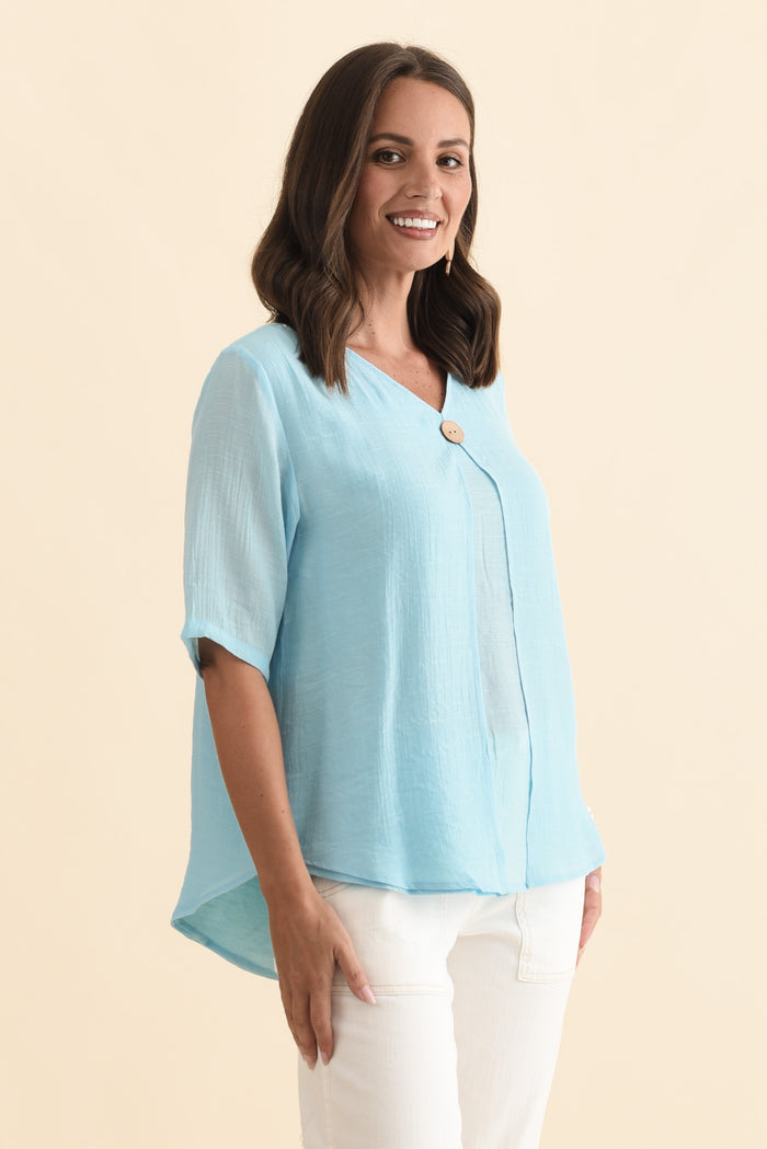 Yasmin Blue Layered Button Top,Brunette model,alt text|model:MJ
