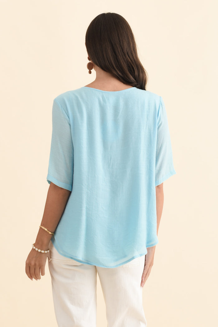 Yasmin Blue Layered Button Top,Brunette model,alt text|model:MJ