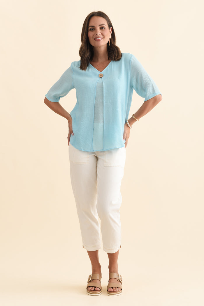 Yasmin Blue Layered Button Top,Brunette model,alt text|model:MJ