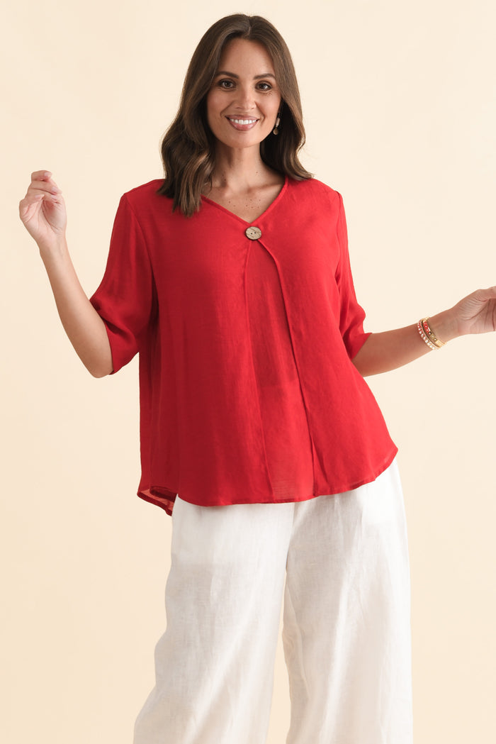 Yasmin Red Layered Button Top,Brunette model,alt text|model:MJ