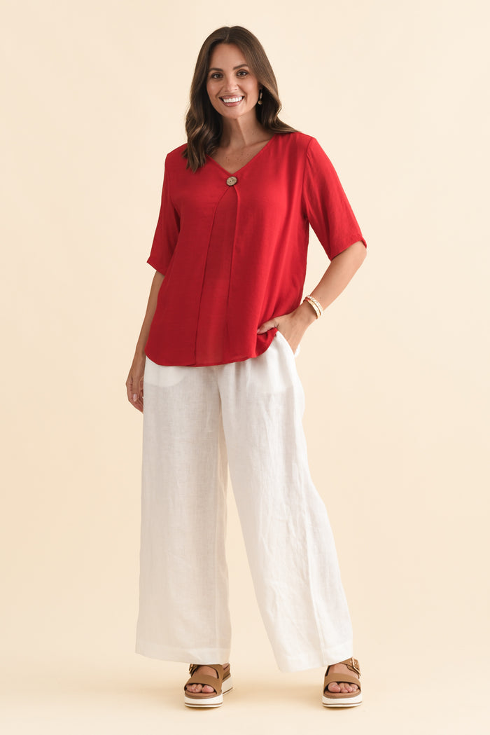 Yasmin Red Layered Button Top,Brunette model,alt text|model:MJ
