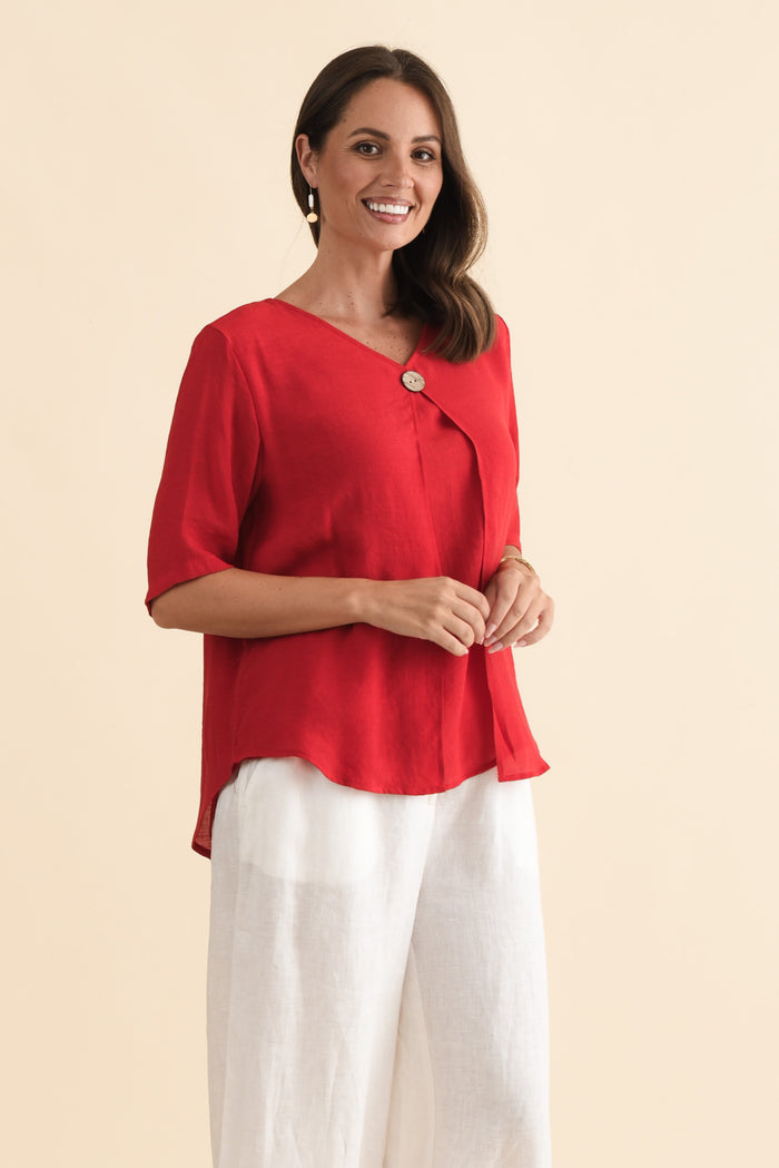 Yasmin Red Layered Button Top,Brunette model,alt text|model:MJ