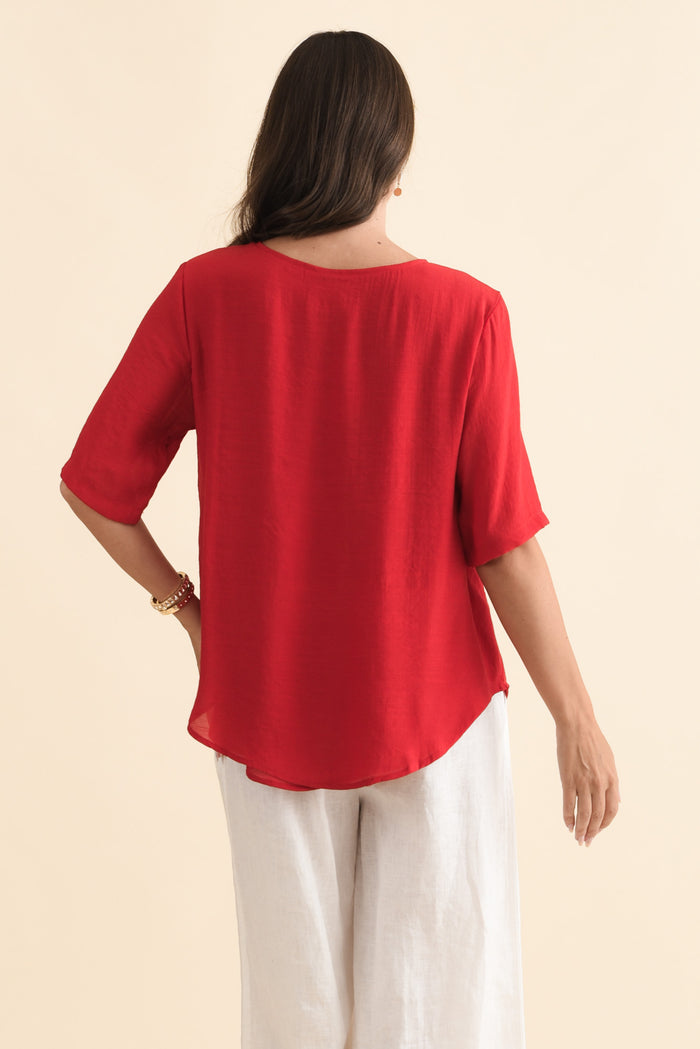 Yasmin Red Layered Button Top,Brunette model,alt text|model:MJ