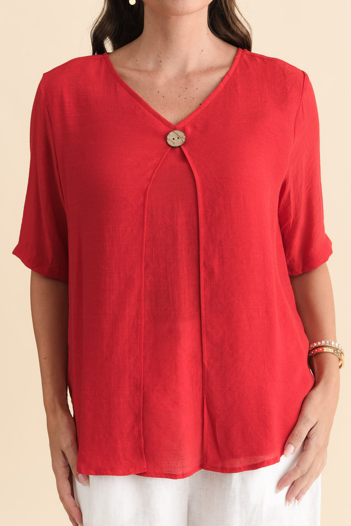 Yasmin Red Layered Button Top,Brunette model,alt text|model:MJ