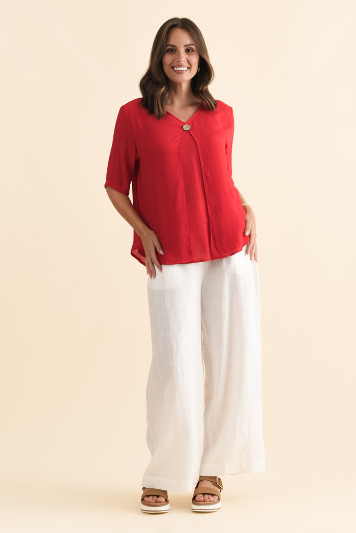 Yasmin Red Layered Button Top,Brunette model,alt text|model:MJ