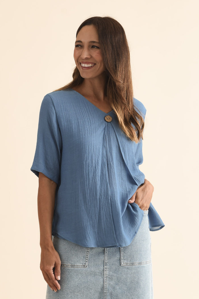 Yasmin Steel Layered Button Top,Brunette model,alt text|model:Cara