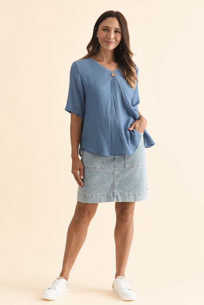 Yasmin Steel Layered Button Top,Brunette model,alt text|model:Cara