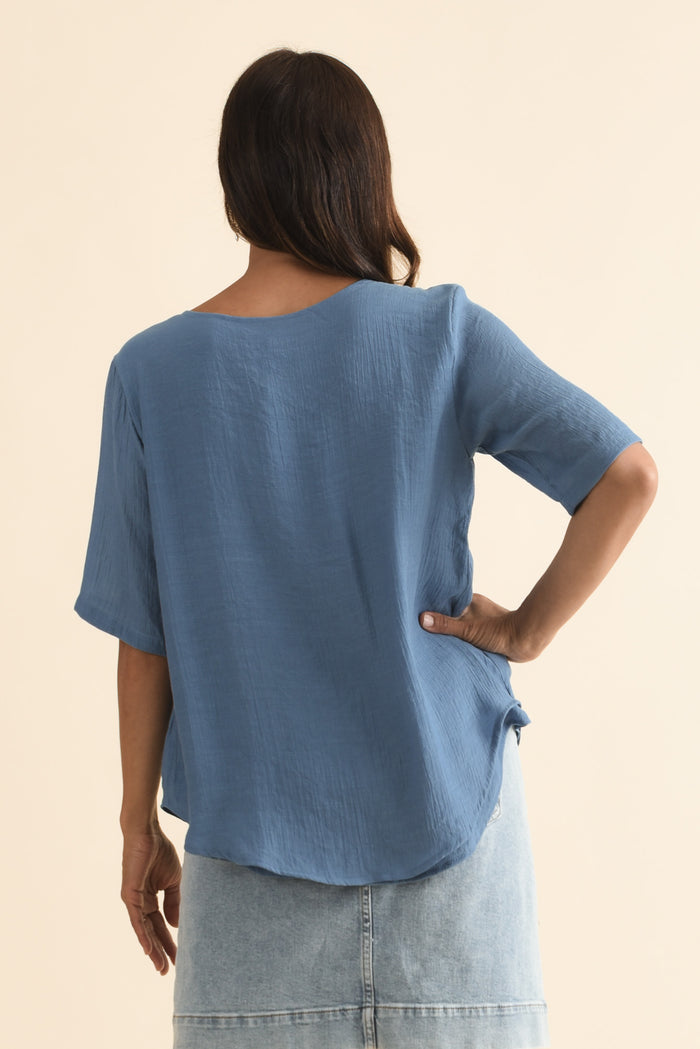Yasmin Steel Layered Button Top,Brunette model,alt text|model:Cara