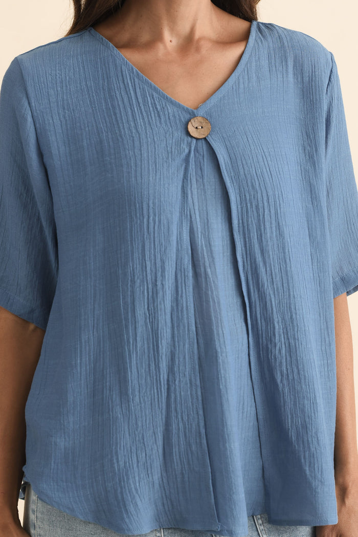 Yasmin Steel Layered Button Top,Brunette model,alt text|model:Cara