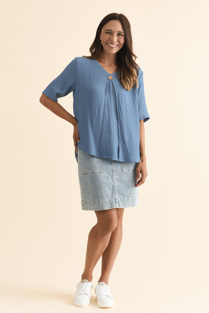 Yasmin Steel Layered Button Top,Brunette model,alt text|model:Cara
