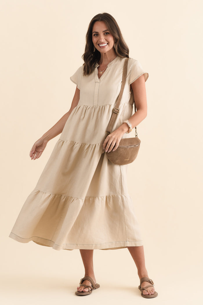 Yvette Natural Contrast Linen Blend Dress,Brunette model,alt text|model:MJ