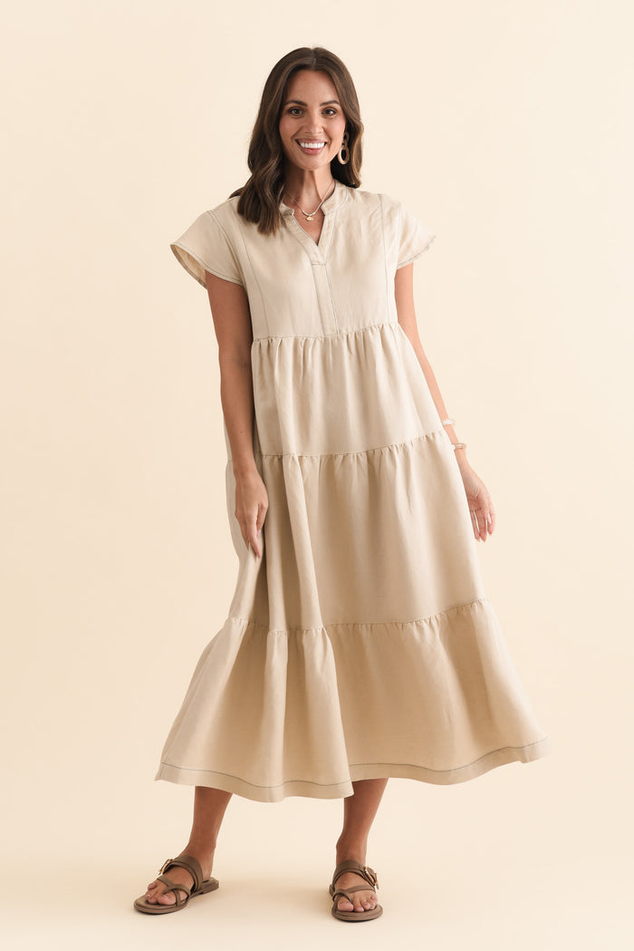 Yvette Natural Contrast Linen Blend Dress,Brunette model,alt text|model:MJ