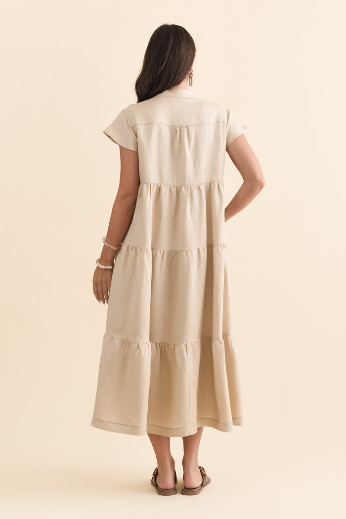 Yvette Natural Contrast Linen Blend Dress,Brunette model,alt text|model:MJ
