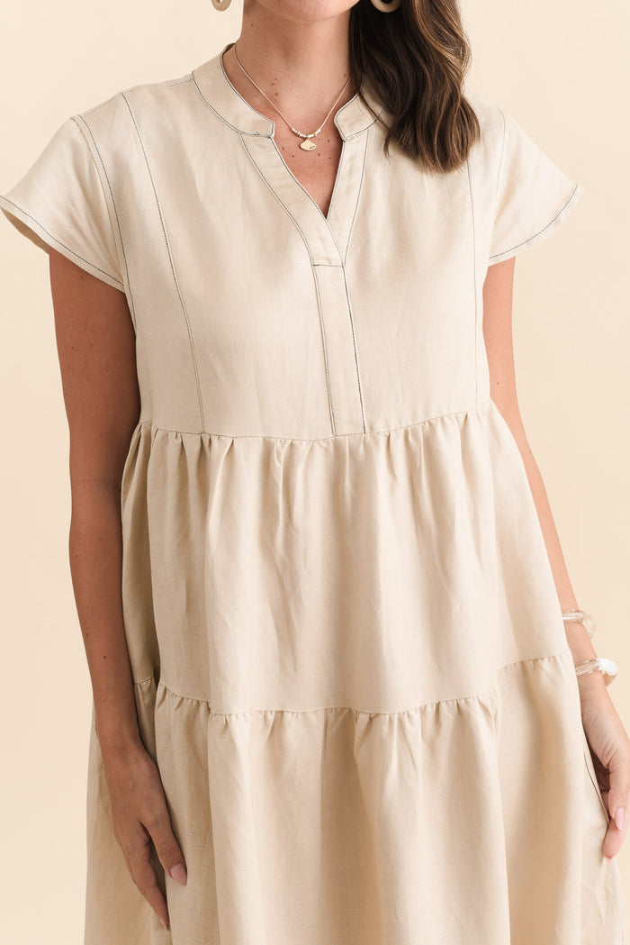 Yvette Natural Contrast Linen Blend Dress,Brunette model,alt text|model:MJ
