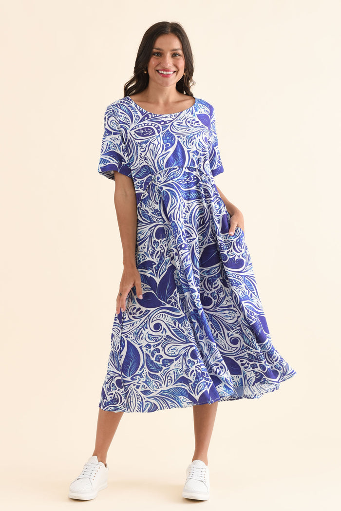 Zaelia Blue Leaf Crescent Dress,Front,Brunette model,alt text|model:Brontie