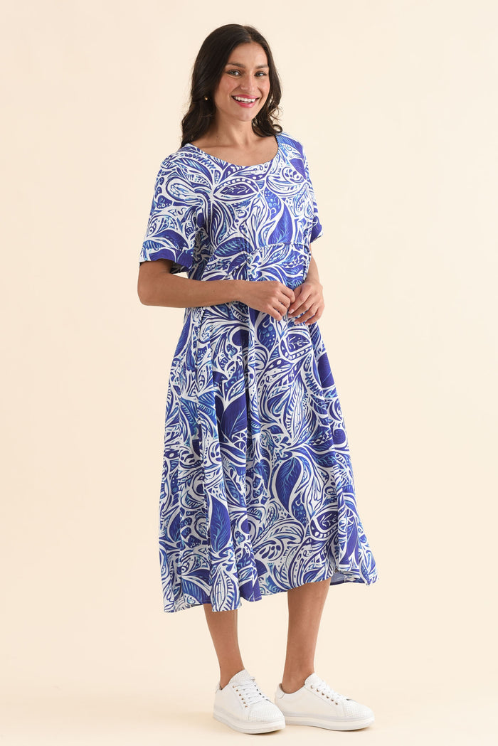 Zaelia Blue Leaf Crescent Dress,Side,Brunette model,alt text|model:Brontie