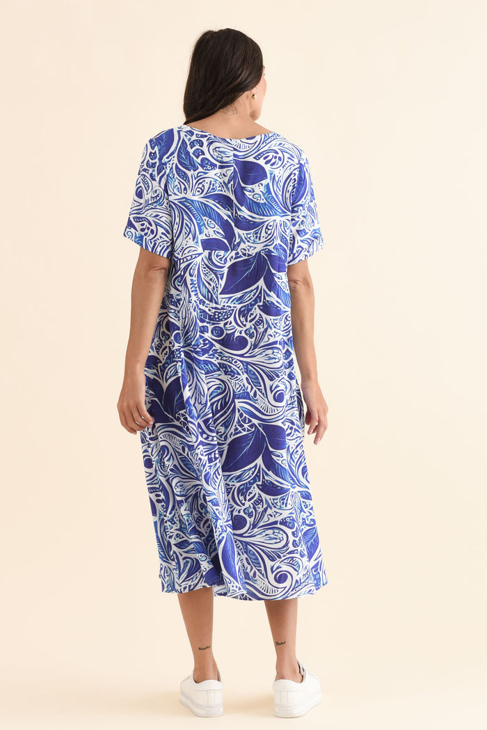 Zaelia Blue Leaf Crescent Dress,Back,Brunette model,alt text|model:Brontie