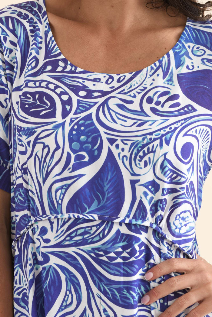 Zaelia Blue Leaf Crescent Dress,Detail,Brunette model,alt text|model:Brontie