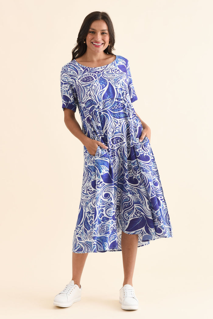 Zaelia Blue Leaf Crescent Dress,Full Body,Brunette model,alt text|model:Brontie