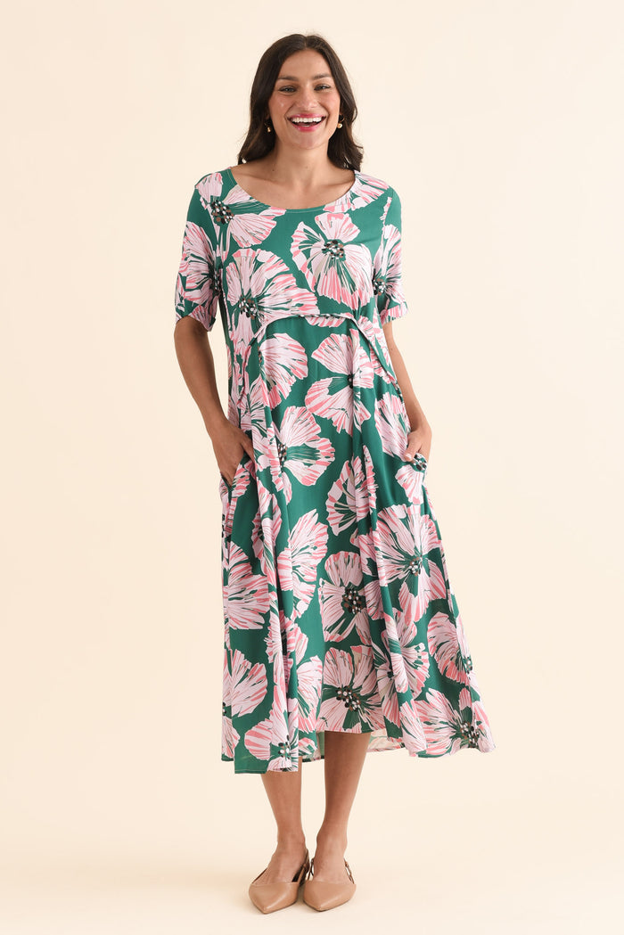 Zaelia Green Floral Crescent Dress,Front,Brunette model,alt text|model:Brontie