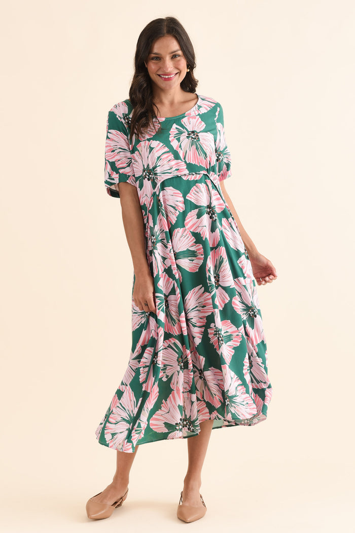 Zaelia Green Floral Crescent Dress,Full Body,Brunette model,alt text|model:Brontie