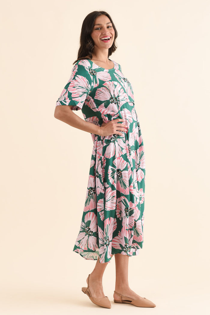 Zaelia Green Floral Crescent Dress,Side,Brunette model,alt text|model:Brontie