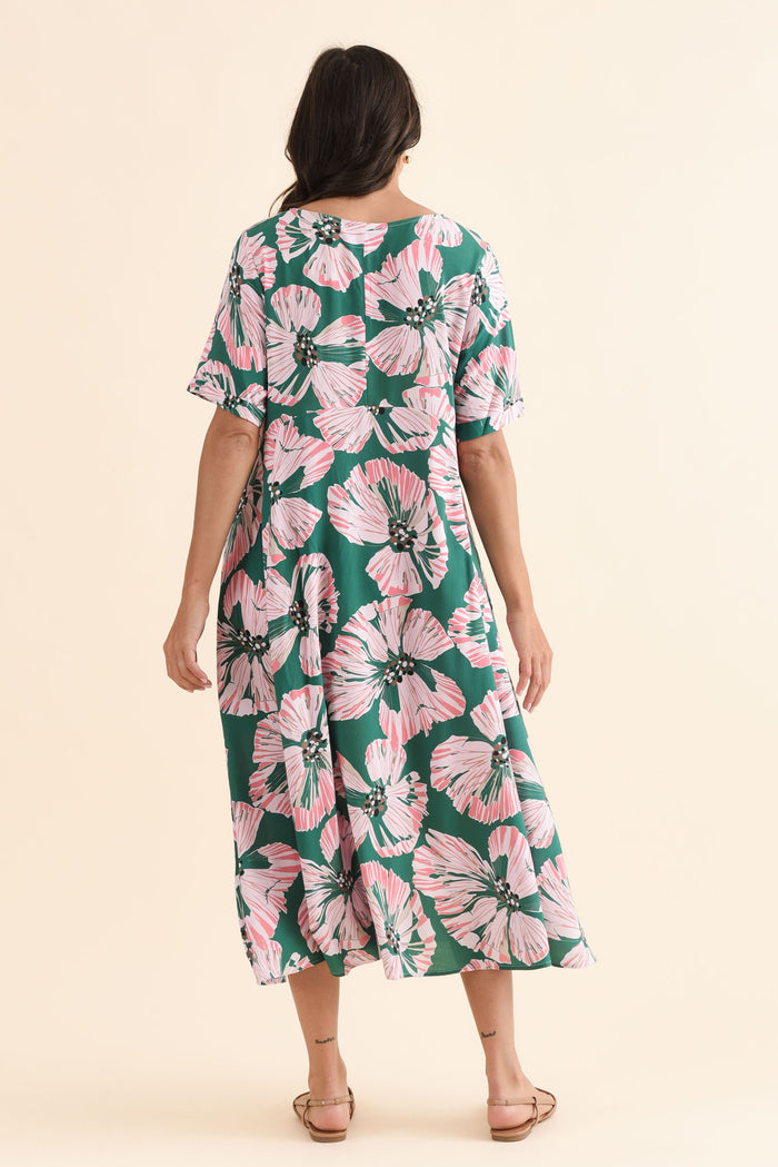 Zaelia Green Floral Crescent Dress,Back,Brunette model,alt text|model:Brontie