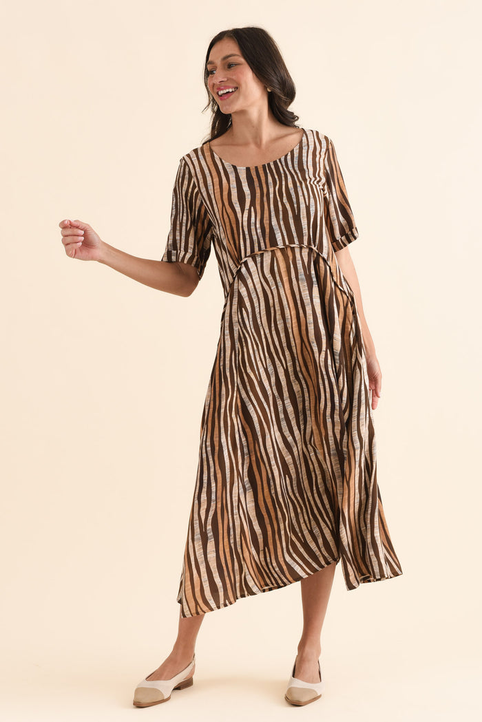 Zaelia Tan Zebra Crescent Dress,Full Body,Brunette model,alt text|model:Brontie