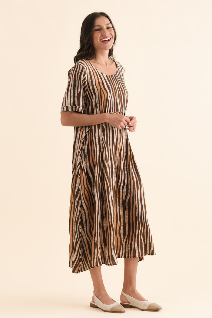 Zaelia Tan Zebra Crescent Dress,Side,Brunette model,alt text|model:Brontie