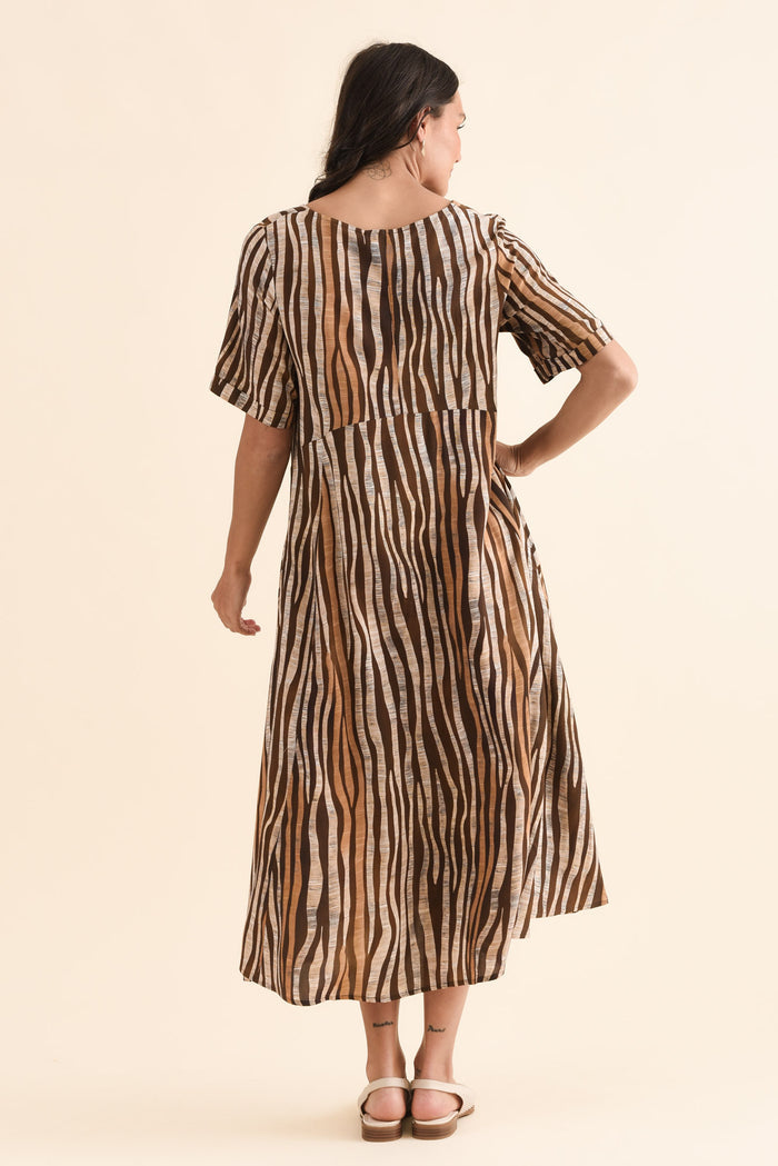 Zaelia Tan Zebra Crescent Dress,Back,Brunette model,alt text|model:Brontie