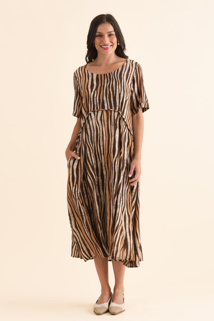 Zaelia Tan Zebra Crescent Dress,Full Body,Brunette model,alt text|model:Brontie