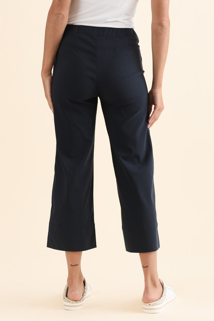 Zaro Navy Wide Leg Pants,Back,Brunette model,alt text|model:Brontie