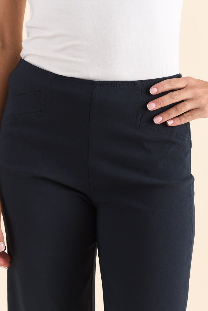 Zaro Navy Wide Leg Pants,Detail,Brunette model,alt text|model:Brontie