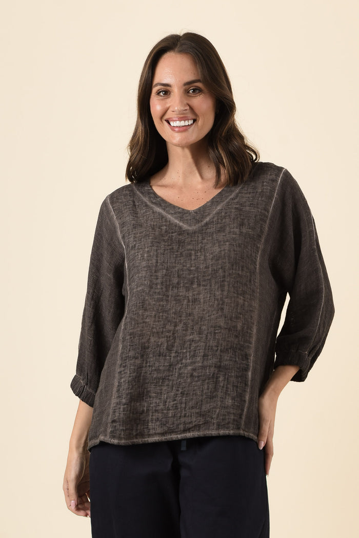 Ziola Mocha Linen Cotton Top,Brunette model,alt text|model:MJ