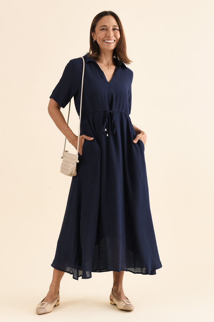 Zoya Navy Pocket Tie Dress,Front,Brunette model,alt text|model:Cara