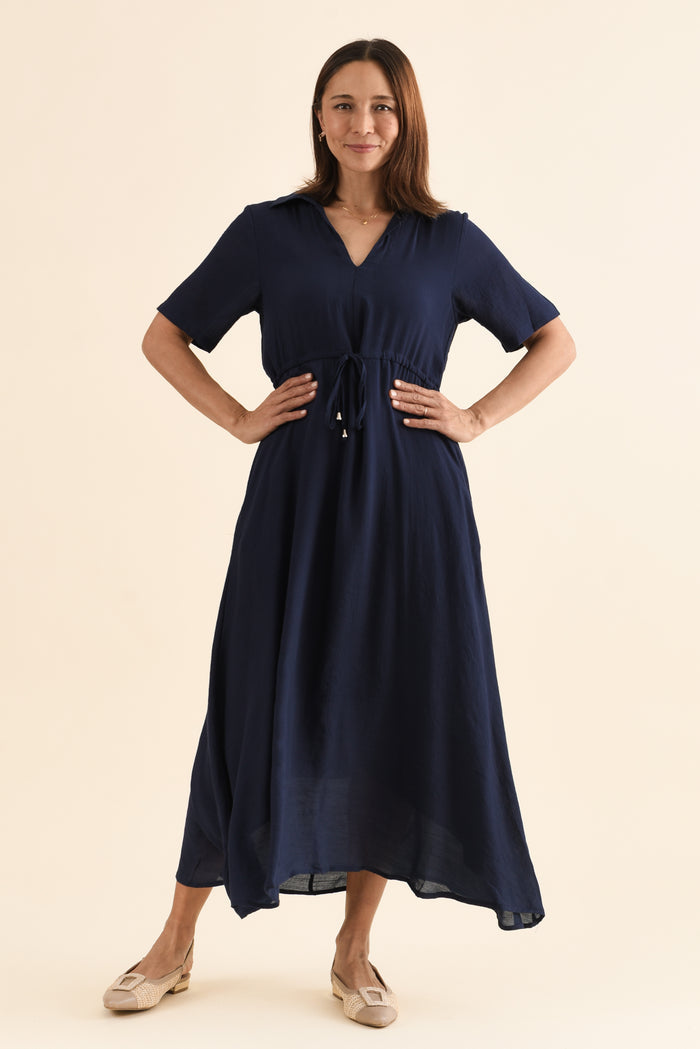 Zoya Navy Pocket Tie Dress,Full Body,Brunette model,alt text|model:Cara