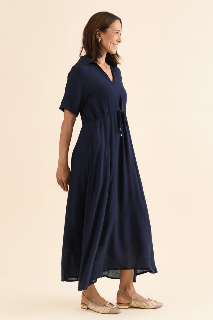 Zoya Navy Pocket Tie Dress,Side,Brunette model,alt text|model:Cara
