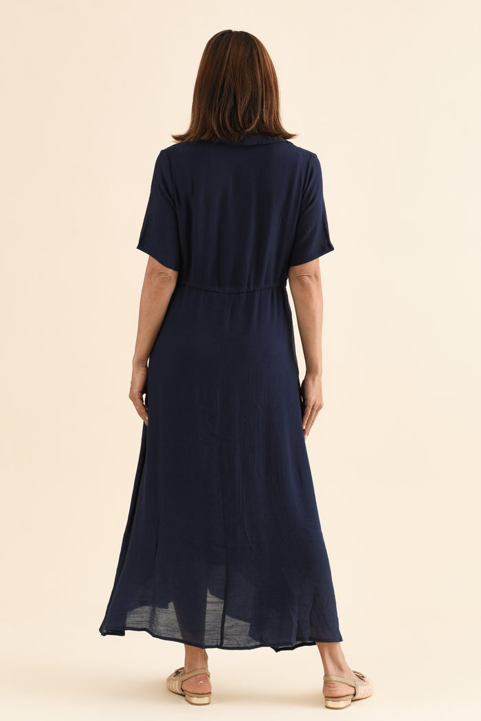 Zoya Navy Pocket Tie Dress,Back,Brunette model,alt text|model:Cara