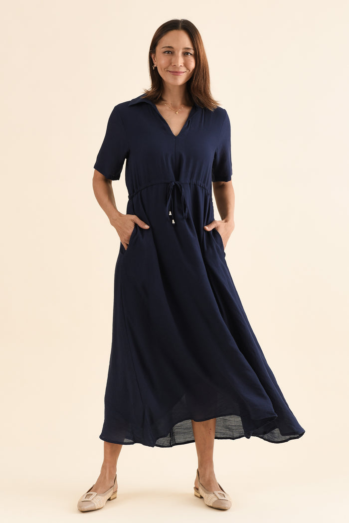 Zoya Navy Pocket Tie Dress,Full Body,Brunette model,alt text|model:Cara
