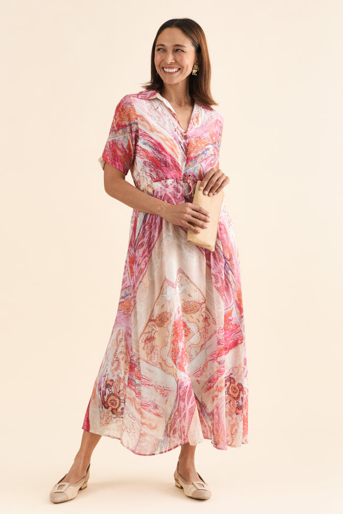 Zoya Pink Abstract Pocket Tie Dress,Front,Brunette model,alt text|model:Cara