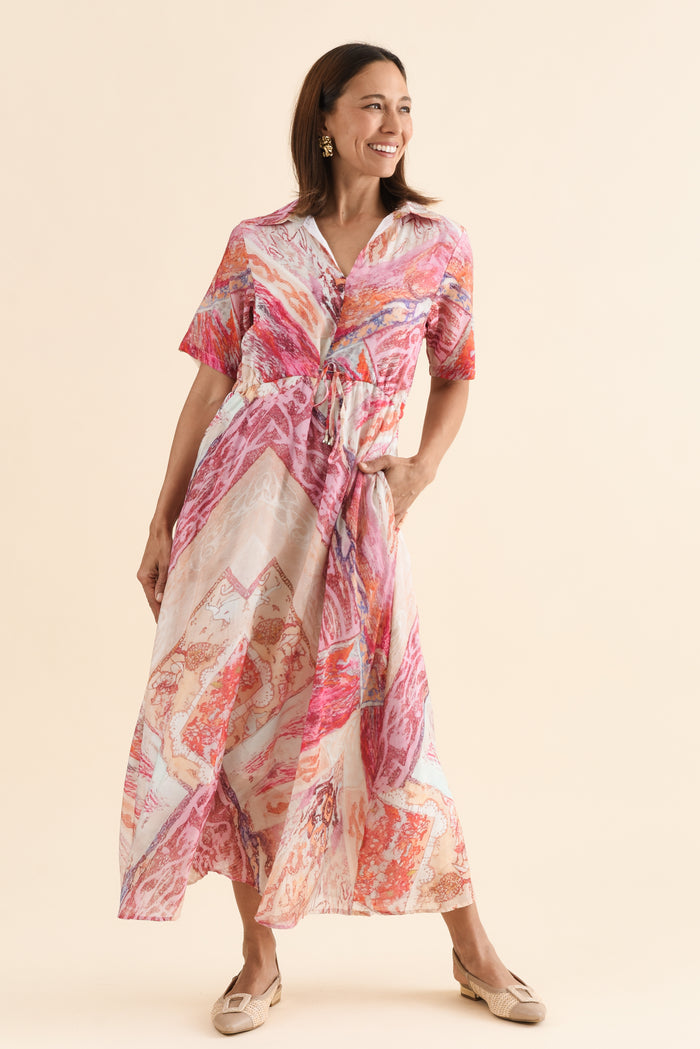 Zoya Pink Abstract Pocket Tie Dress,Full Body,Brunette model,alt text|model:Cara