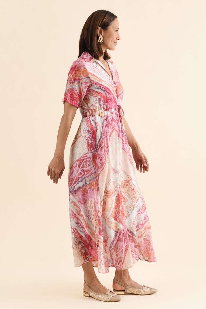 Zoya Pink Abstract Pocket Tie Dress,Side,Brunette model,alt text|model:Cara