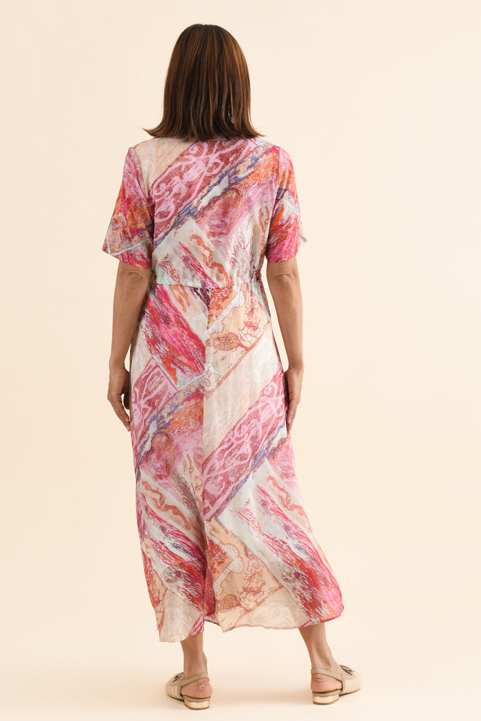 Zoya Pink Abstract Pocket Tie Dress,Back,Brunette model,alt text|model:Cara